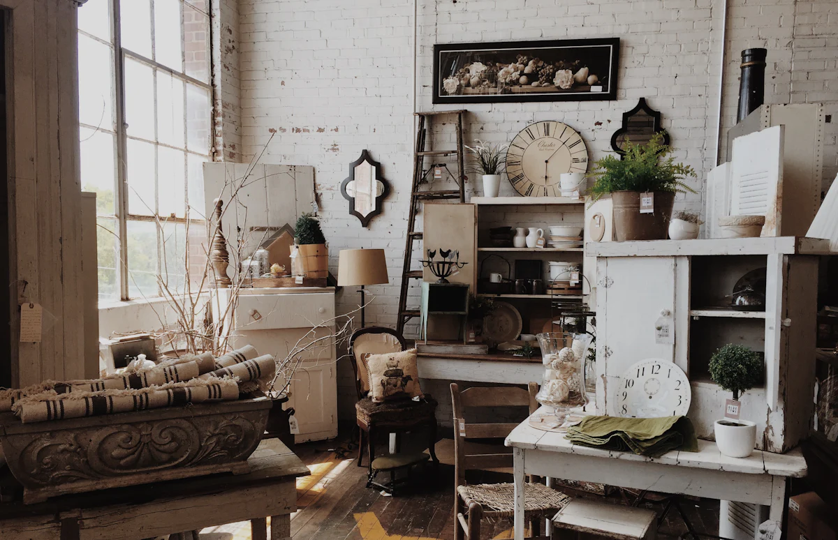 Intérieur de brocante : buffets, vaisselle, horloges et objets anciens